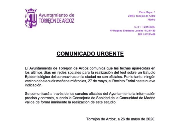 Comunicado del Ayuntamiento de Torrejón de Ardoz