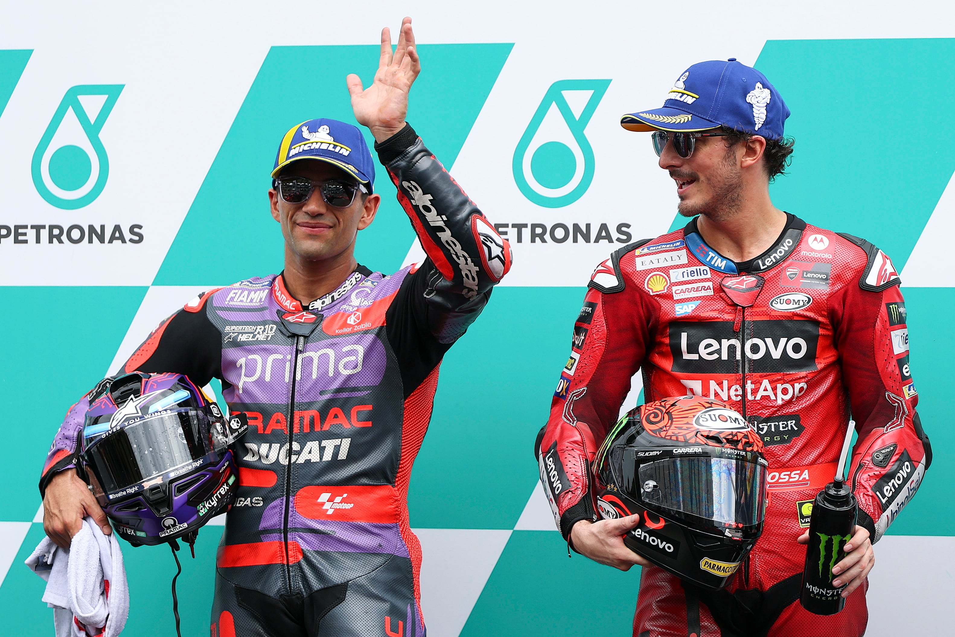 Sepang (Malaysia), Francesco Bagnaia celebrates getting pole position next to Jorge Martin after the qualifying session of the Malaysia Motorcycling Grand Prix 2024 EFE/EPA/FAZRY ISMAIL