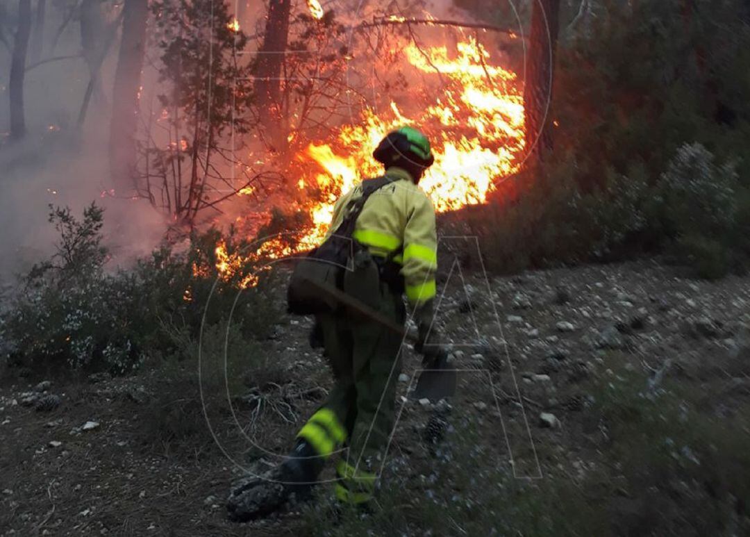 Bombero intenta apagar las llamas