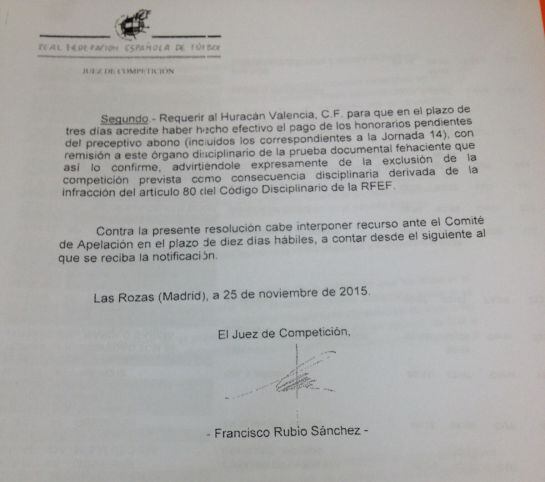 Documento en el que se le informa a Huracán de la sanción por parte de la RFEF