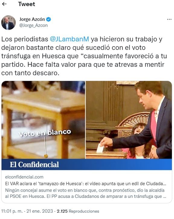 Tweet de Jorge Azcón, último capítulo de la polémica con Javier Lambán