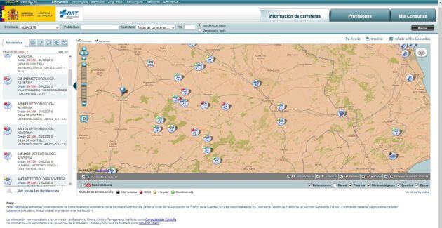 Captura de la página web de la DGT con las incidencias registradas a primera hora de la mañana