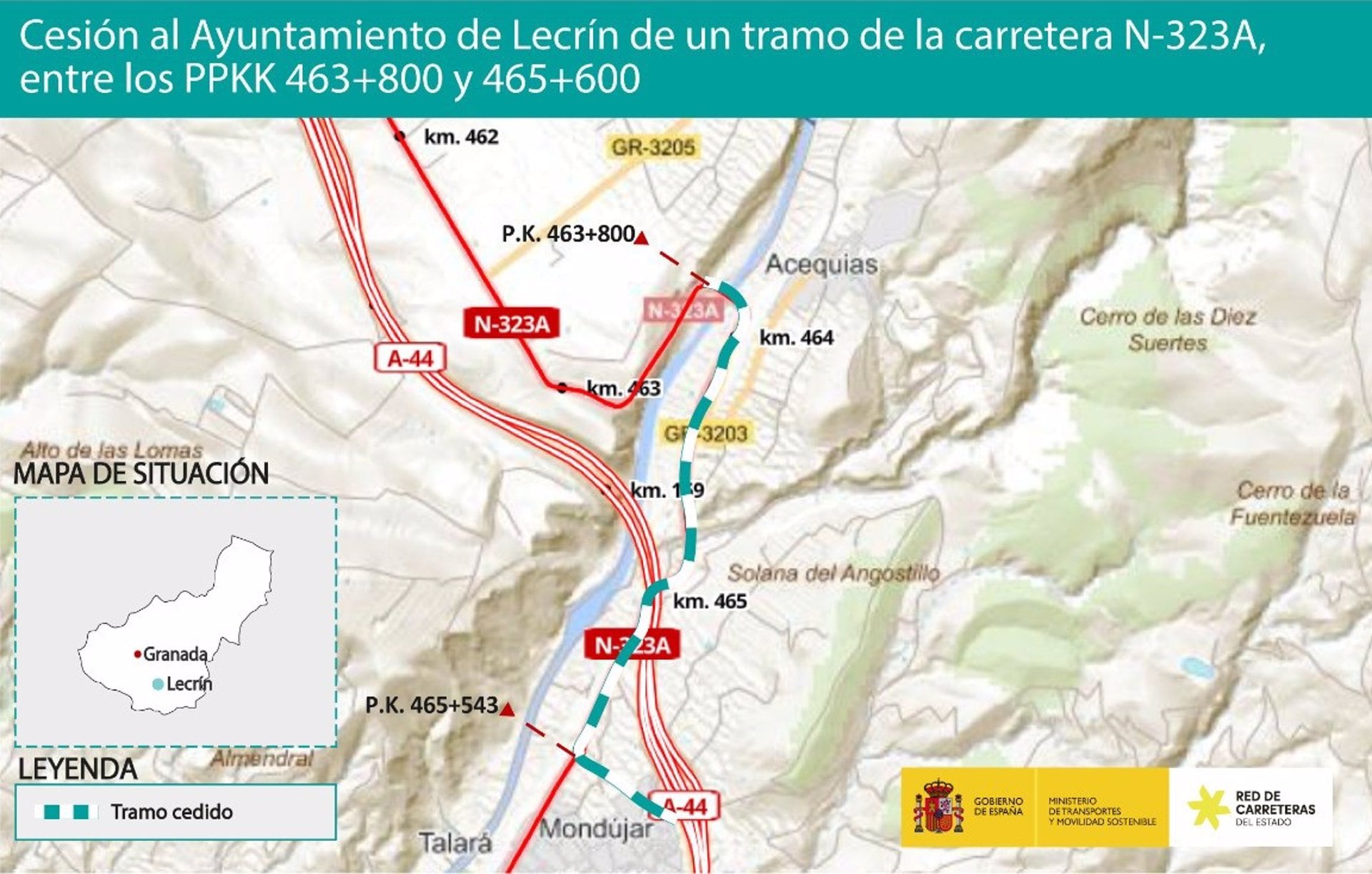 Imagen del tramo entre los kilómetros 463,8 y 465,6 de la carretera N-323A, de Bailén a Motril, y del ramal de conexión entre la autovía A-44 (de Sierra Nevada - Costa Tropical) y la N-323a, en Granada. - MINISTERIO DE TRANSPORTE Y MOVILIDAD SOSTENIBLE