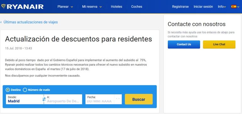 Captura de pantalla del comunicado oficial que desde este fin de semana se anuncia en la web oficial de Ryanair