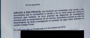 Denuncia presentada ante la Fiscalía