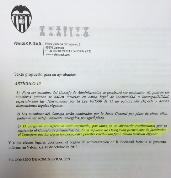 Propuesta de Amadeo Salvo para que los consejeros no cobren del Valencia