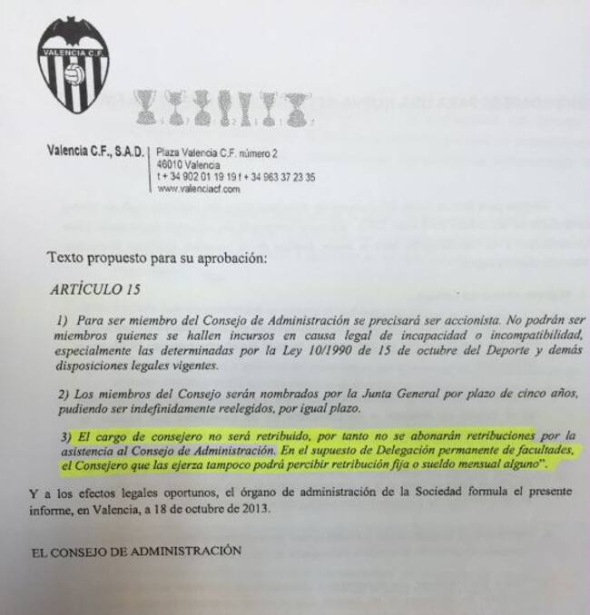 Propuesta de Amadeo Salvo para que los consejeros no cobren del Valencia