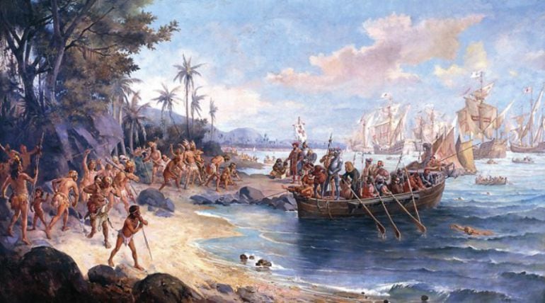 Pintura romántica del primer aterrizaje de Cabral en la Isla de la Vera Cruz (actual Brasil). Se le puede ver en la orilla de pie (centro) delante de un soldado armado, que lleva una bandera de la Orden de Cristo.