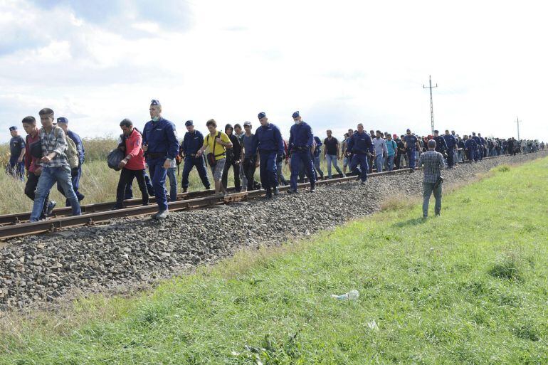 MTI120. ROSZKE (HUNGRÍA), 08/09/2015.- Varios refugiados que han decidido abandonar el campo de internamiento de Roszke, en el sur de Hungría, se dirigen a Szeged, Hungría, el 8 de septiembre del 2015. EFE/Zoltan Gergely Kelemen PROHIBIDO SU USO EN HUNGRÍA