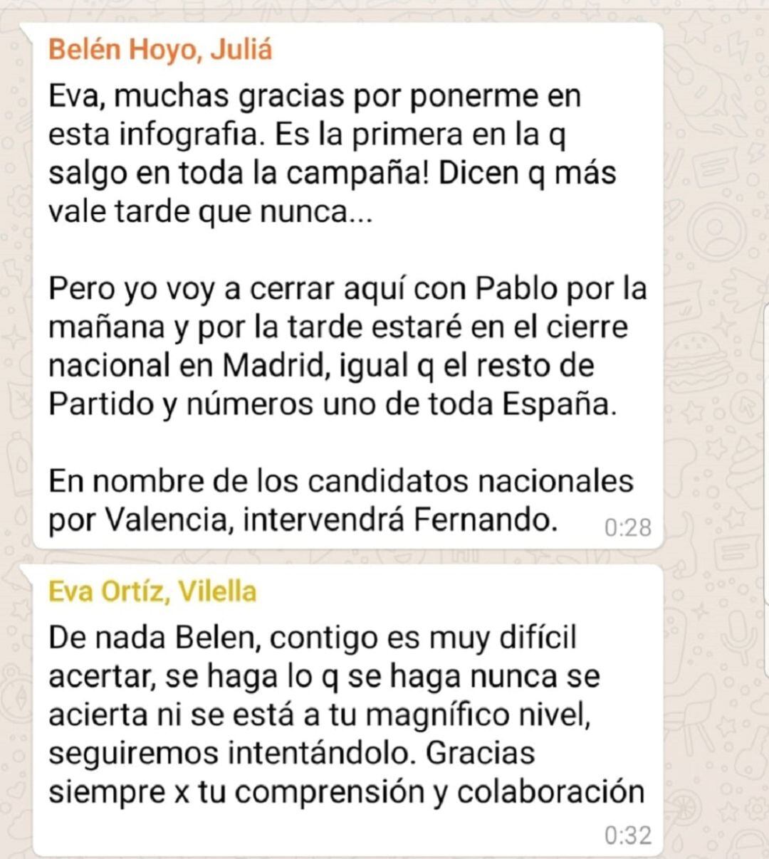 Tensa conversación de Whatsapp entre Belén Hoyo y Eva Ortiz del PP