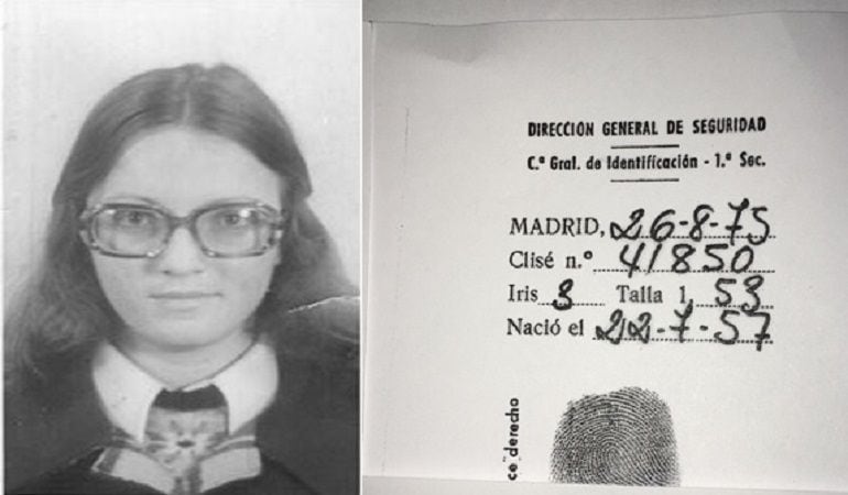 Rosa María a los 18 años y su ficha de ingreso en la Dirección General de Seguridad en 1975