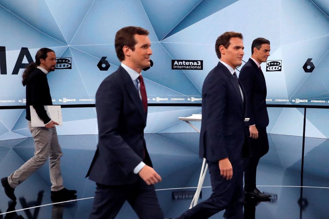 Los candidatos a presidir el Gobierno de España tras las elecciones generales, Pablo Iglesias (Unidas Podemos); Pablo Casado (PP), Albert Rivera (Cs) y Pedro Sánchez (PSOE). 