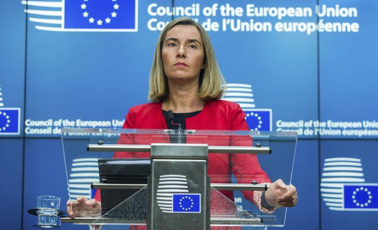 La alta representante de la Unión Europea (UE) para la Política Exterior, Federica Mogherini, durante una rueda de prensa