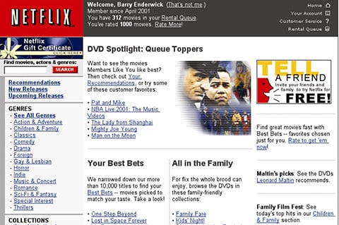 Primera versión de la página web de Netflix.