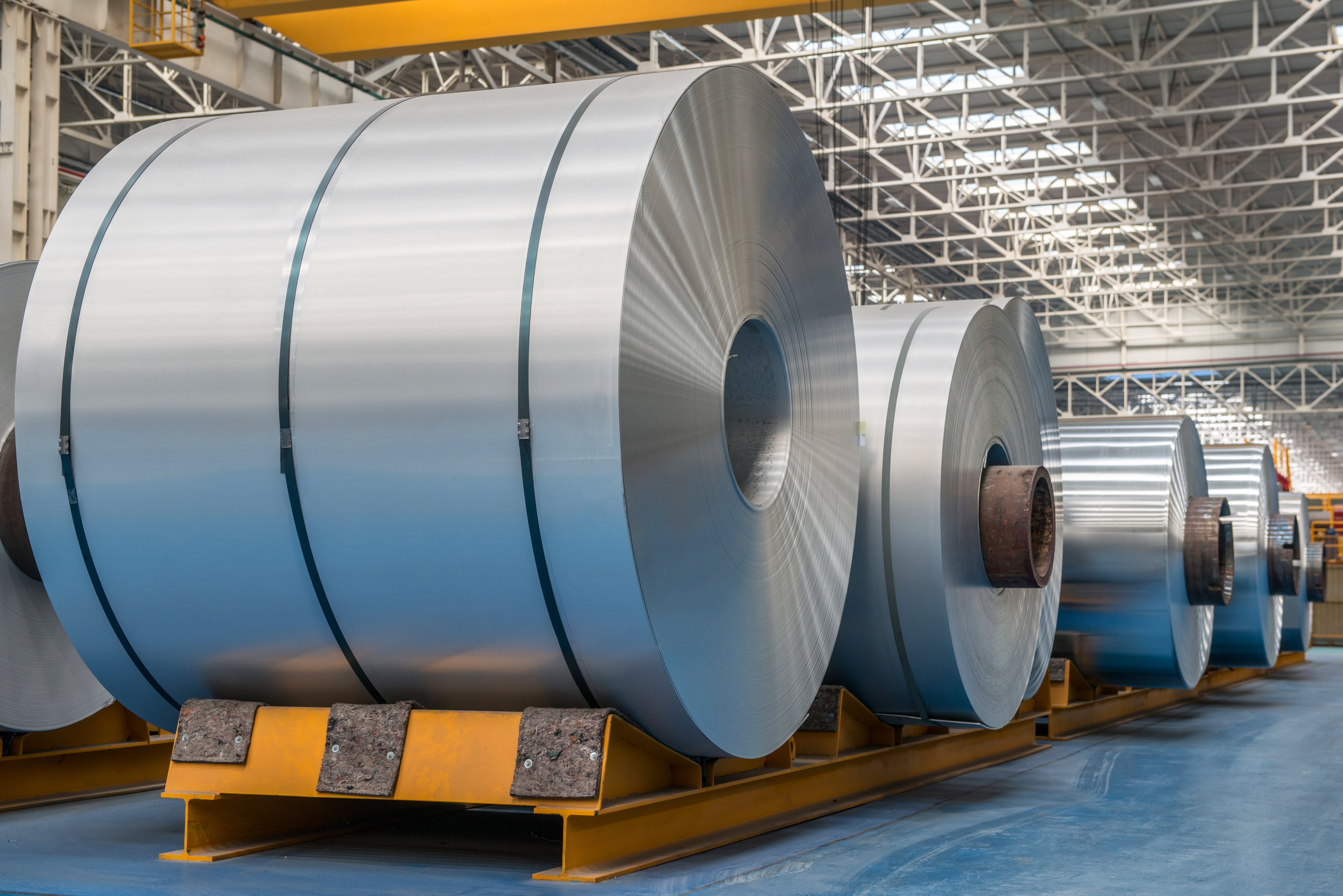 Large aluminium steel rolls in the factory