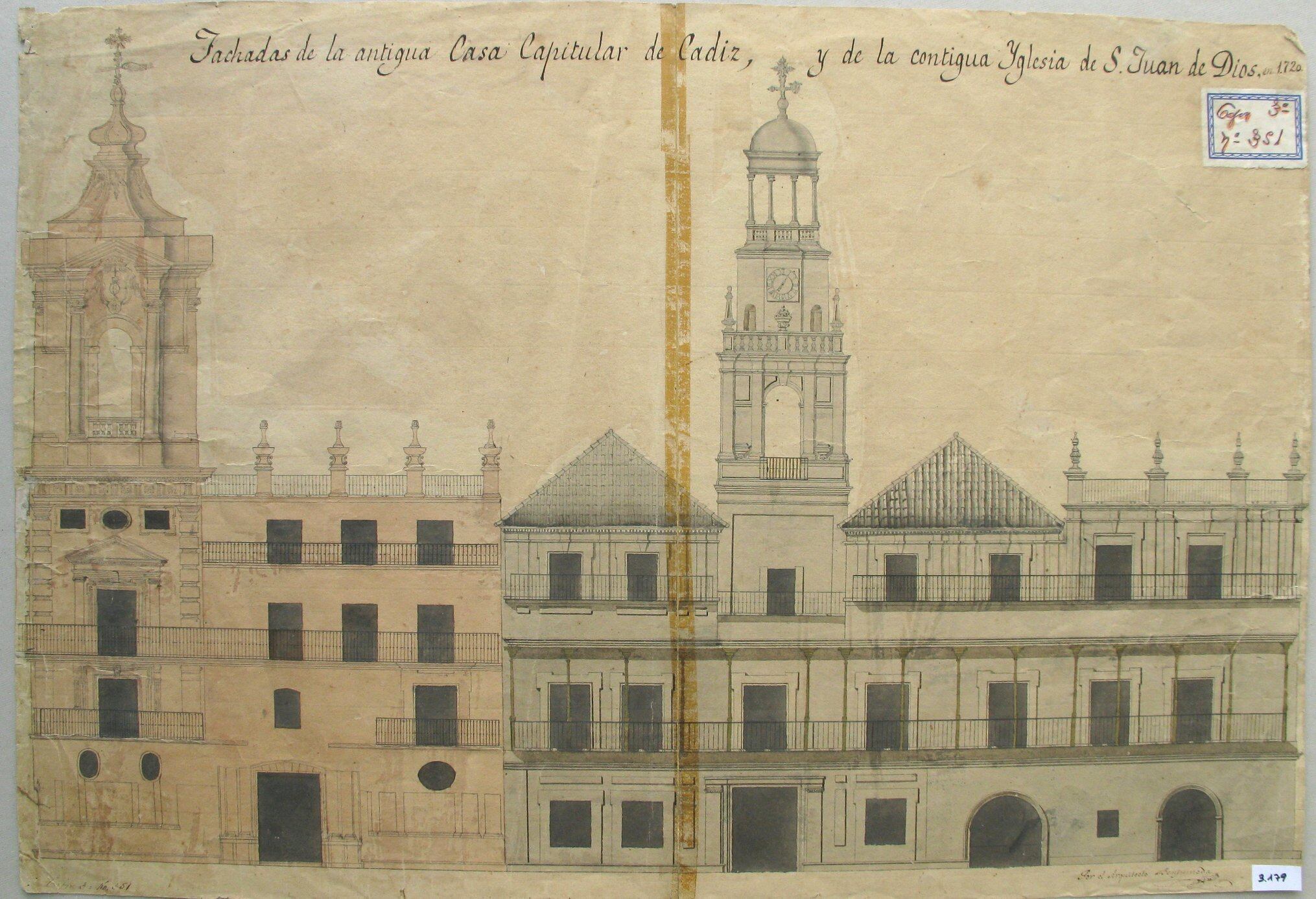 El Ayuntamiento y la iglesia de San Juan de Dios en 1720.  de Cádiz. Foto Archivo Municipal de Cádiz.