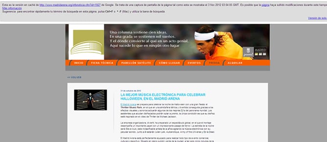 Captura de pantalla de la página web del Madrid Arena promocionando la fiesta de Halloween en la que murieron cuatro jóvenes y que fue borrada el día después de la fiesta