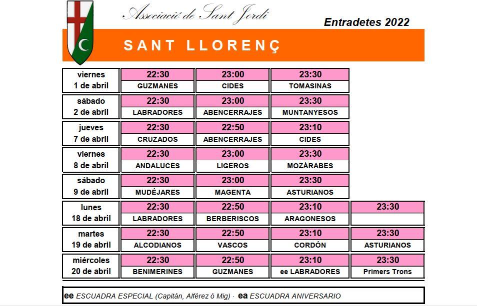 Horario de les &quot;entradetes&quot; por San Lorenzo.