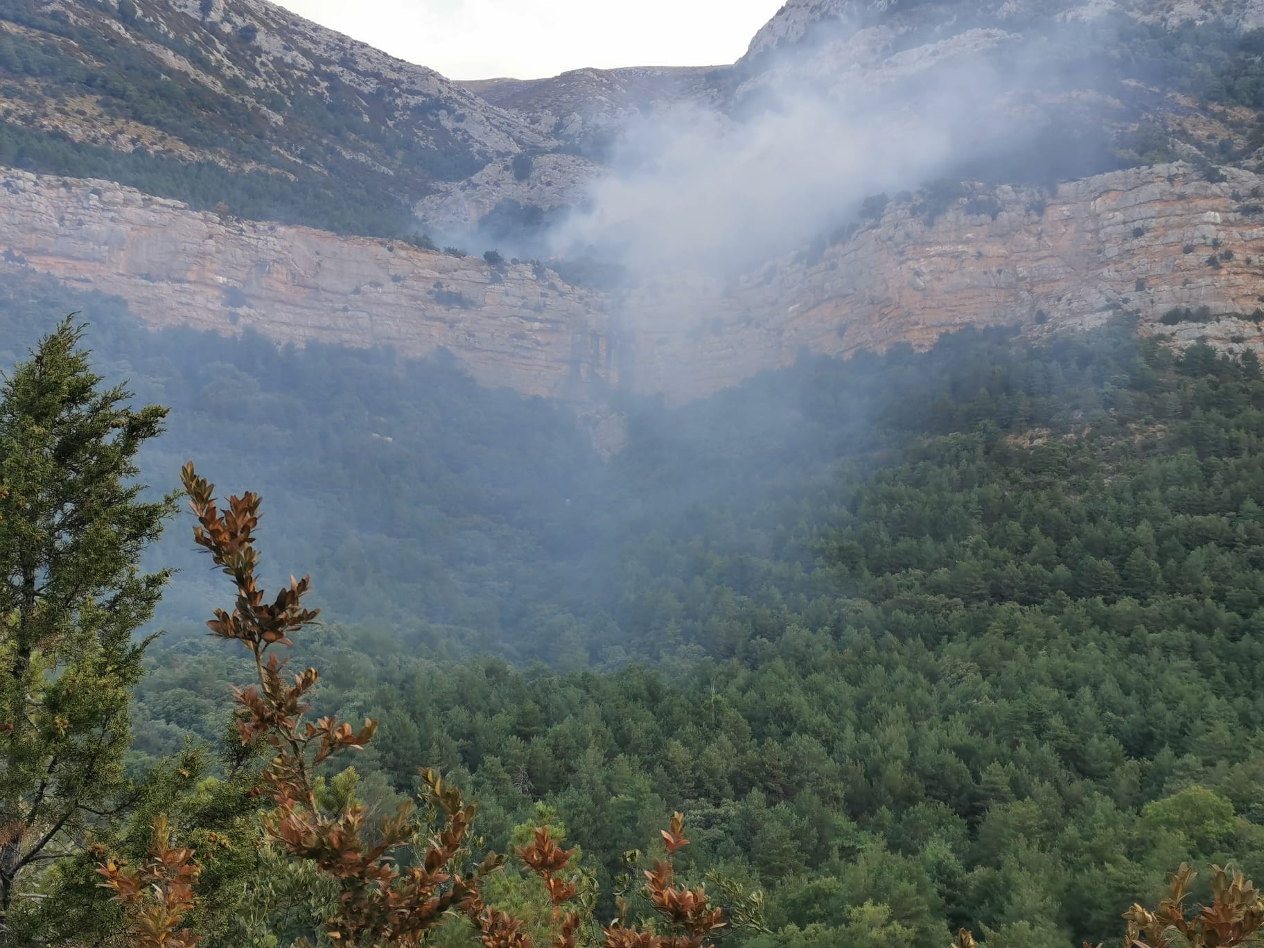 Humo del foco que todavía queda en el incendio de Santa Cilia de Panzano en la sierra de Guara