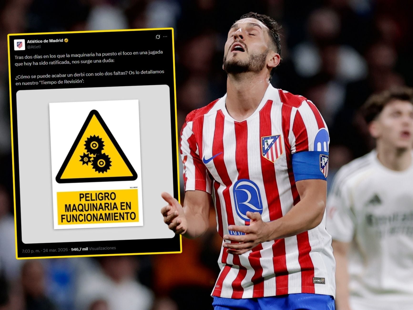 En un montaje, Koke durante el derbi y el comunicado del Atlético de Madrid en 'X'