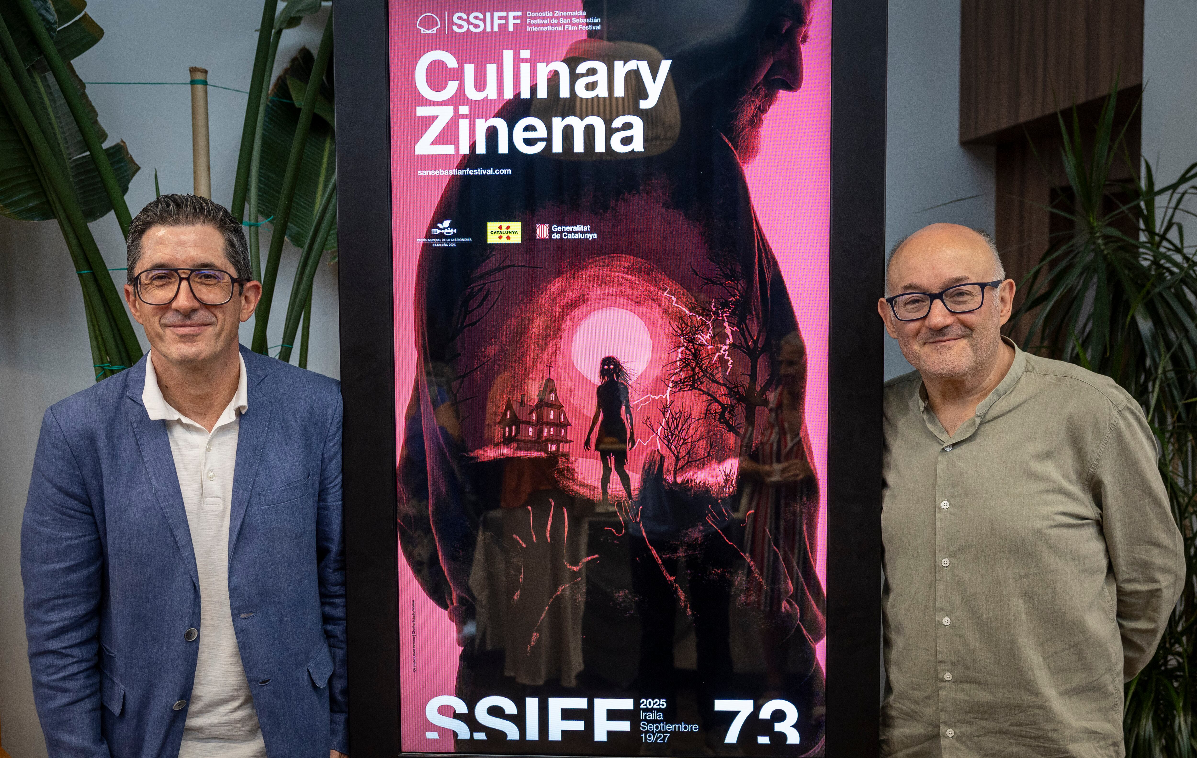 El director del Festival de Cine de San Sebastián, José Luis Rebordinos (d), y el director del Basque Culinary Center, Joxe Mari Aizega, durante la presentación de Culinary Zinema.