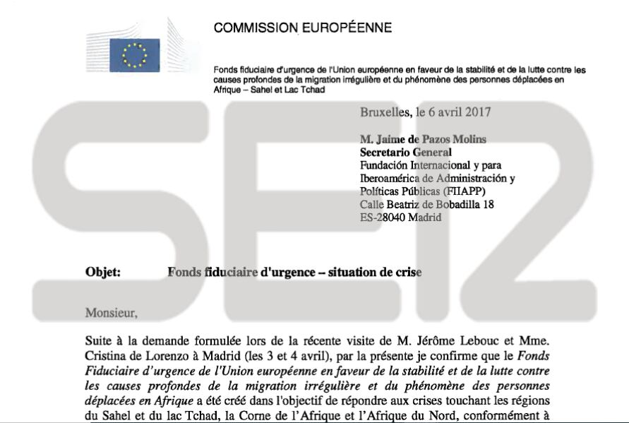 La carta enviada por el gestor de los fondos de la Comisión Europea para el proyecto GAR-SI SAHEL, Roland Sourd, al secretario general de la Fundación FIIAPP, Jaime de Pazos Molins