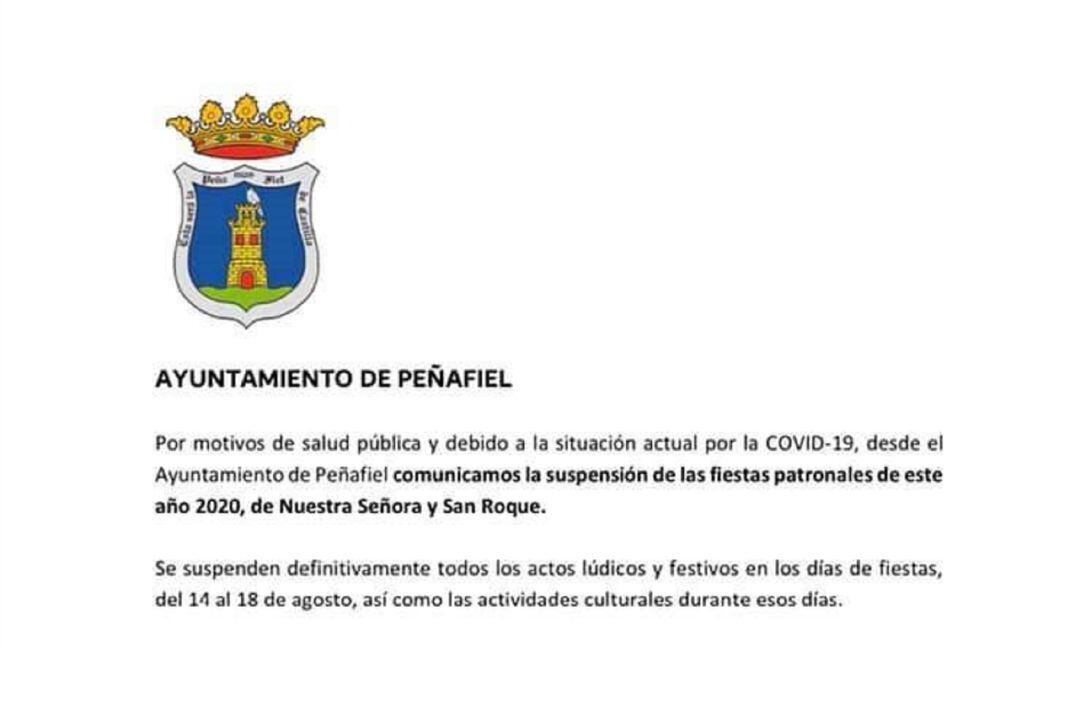 Este es el comunicado emitido por el Ayuntamiento acerca de la suspensión de las Fiestas de San Roque.