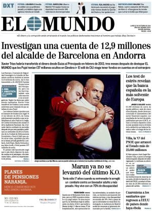 Portada de &#039;El Mundo&#039; del 27 de octubre de 2014, la primera sobre la supuesta cuenta en Suiza de Xavier Trias.