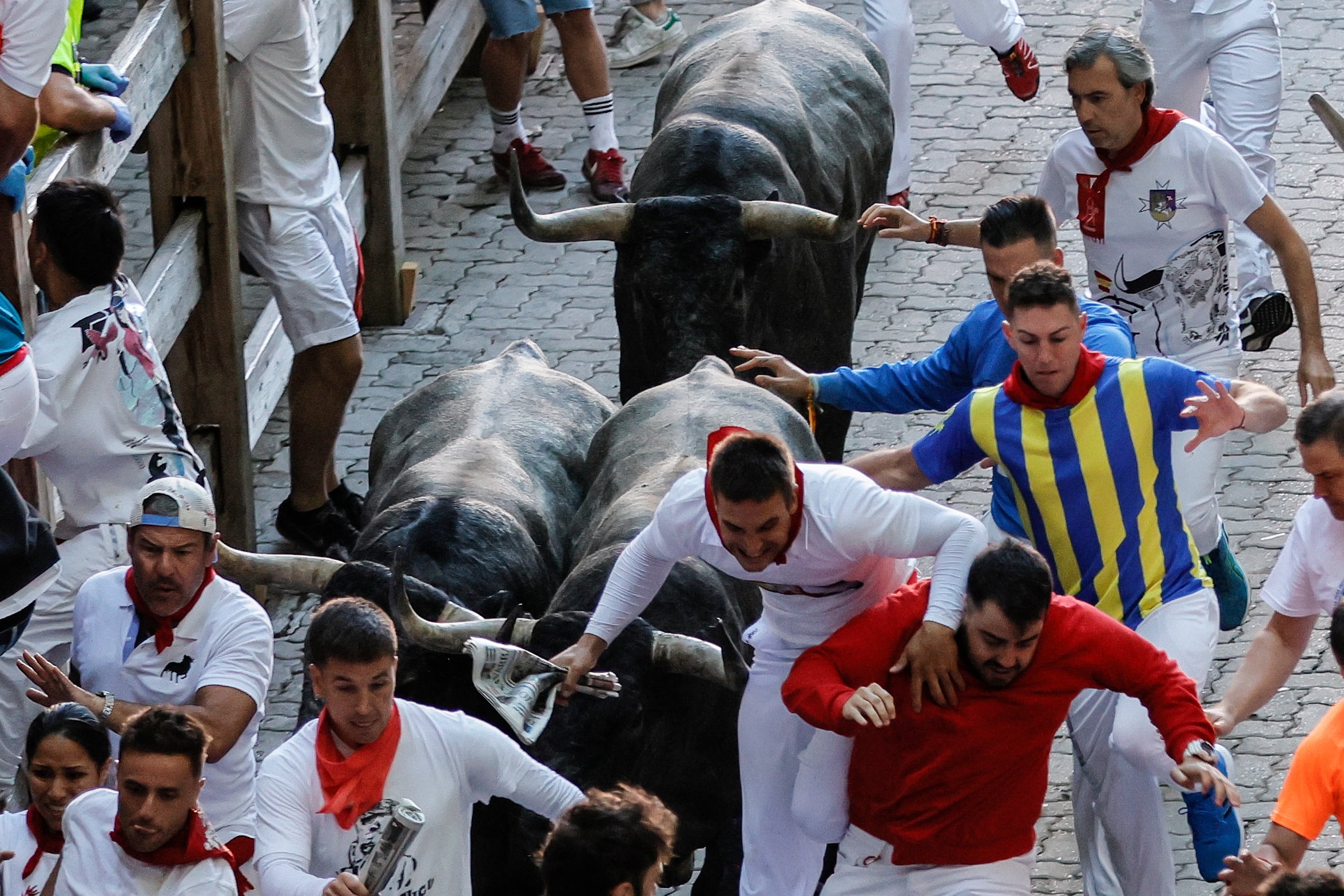PAMPLONA, 09/07/2022.- Los mozos corren ante los toros de la ganadería de José Escolar durante el tercer del encierro de San Fermín, este sábado. EFE/Villar Lopez