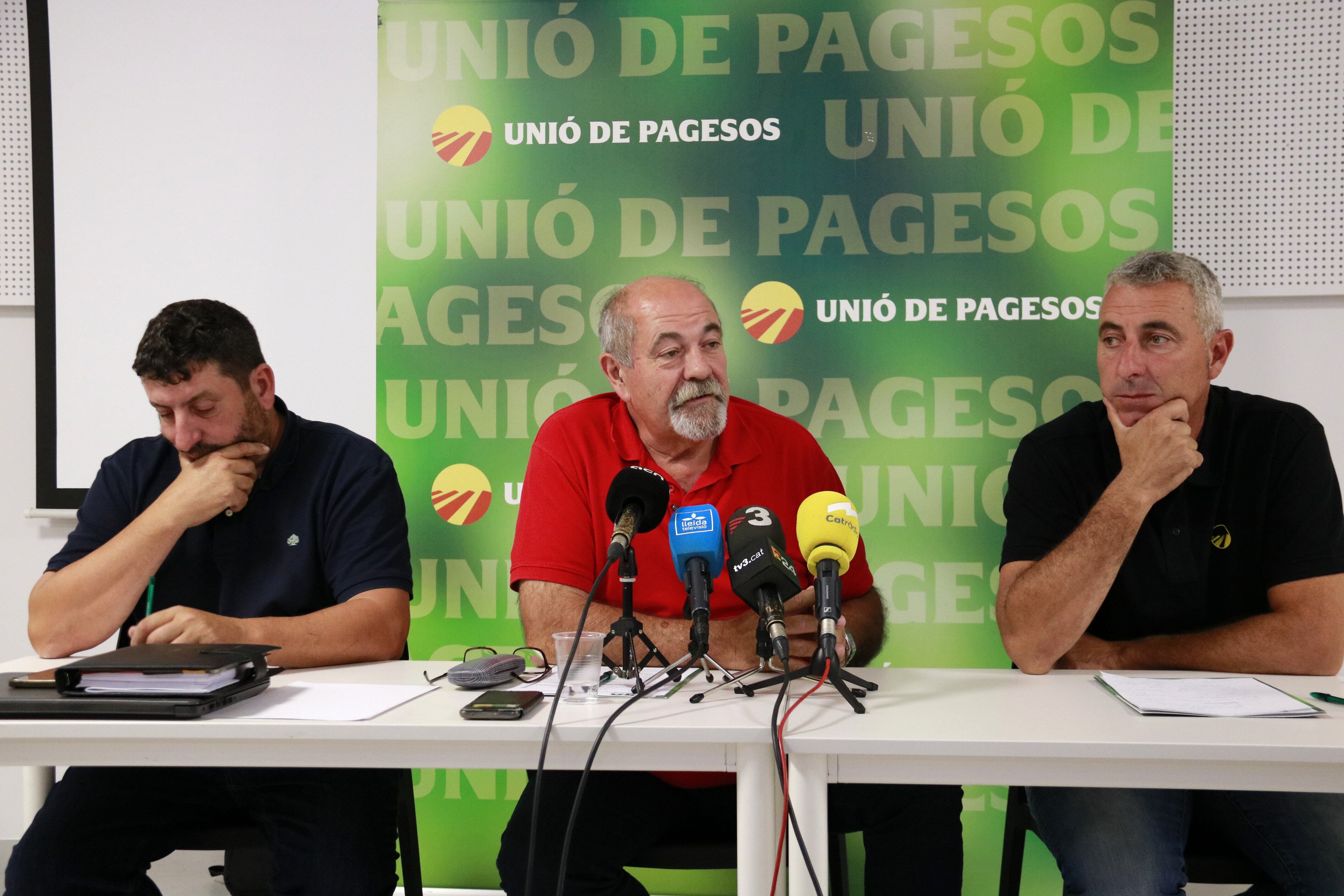 Un moment de la roda de premsa que ha ofert avui la Unió de Pagesos a Lleida. Foto: ACN.