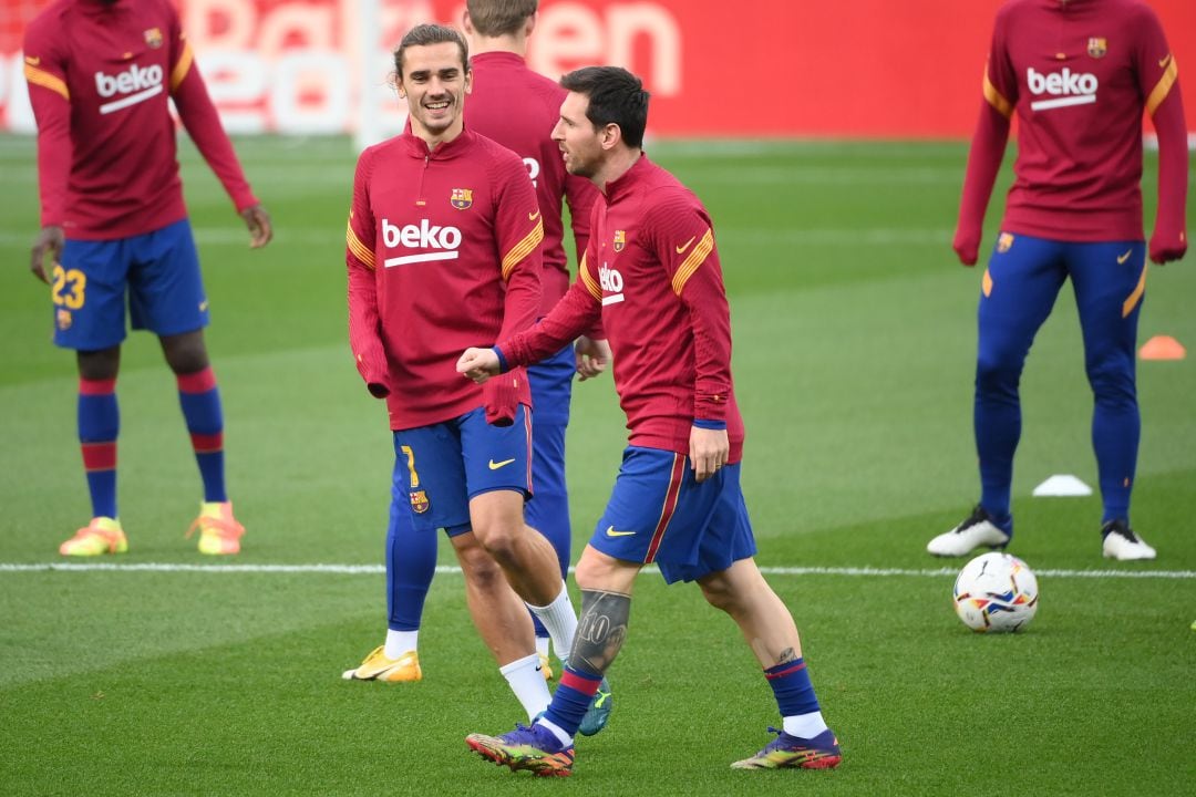 Griezmann y Messi, en un entrenamiento con el Barça