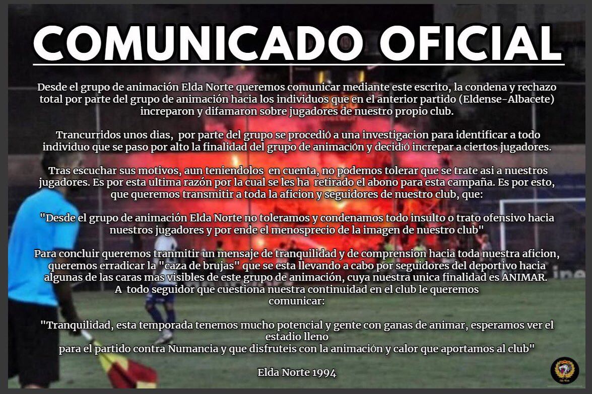Comunicado del grupo de animación del C. D. Eldense, Elda Norte