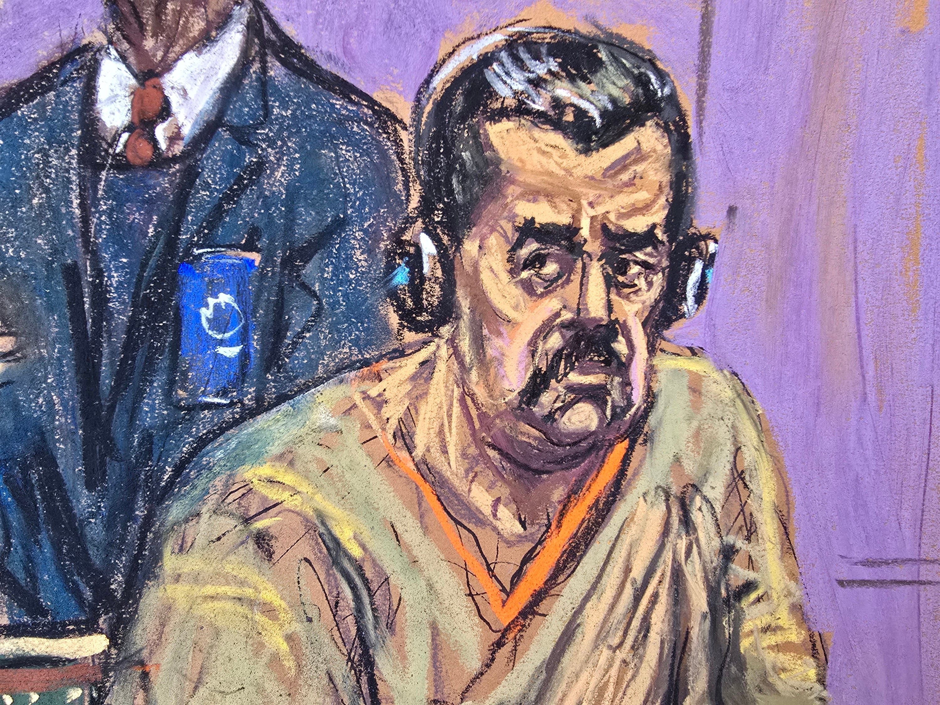 Fotografía de un dibujo realizado por la artista Jane Rosenberg donde aparece el depuesto presidente de Venezuela, Nicolás Maduro, durante su comparecencia ante un tribunal federal en Nueva York. 