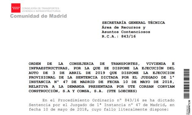 Orden de pago para para pagar la condena contra la Dirección General de Carreteras por el retraso en las obras de la M-206