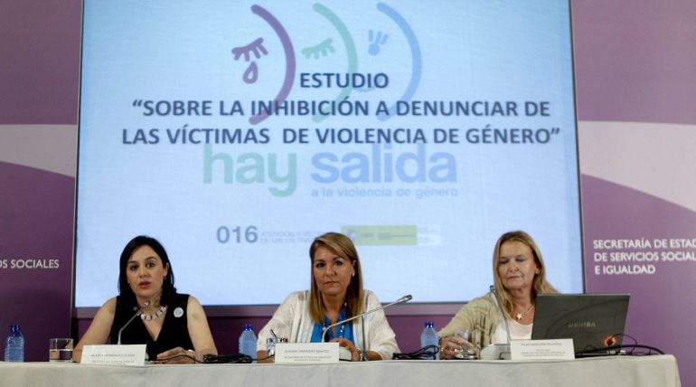 GRA157. MADRID, 23/07/2015.- La secretaria de Estado de Servicios Sociales e Igualdad, Susana Camarero (c); la delegada del Gobierno para la Violencia de Género, Blanca Hernández (i), y Pilar Menchón (d), psicóloga forense de la Unidad de Valoración Integ