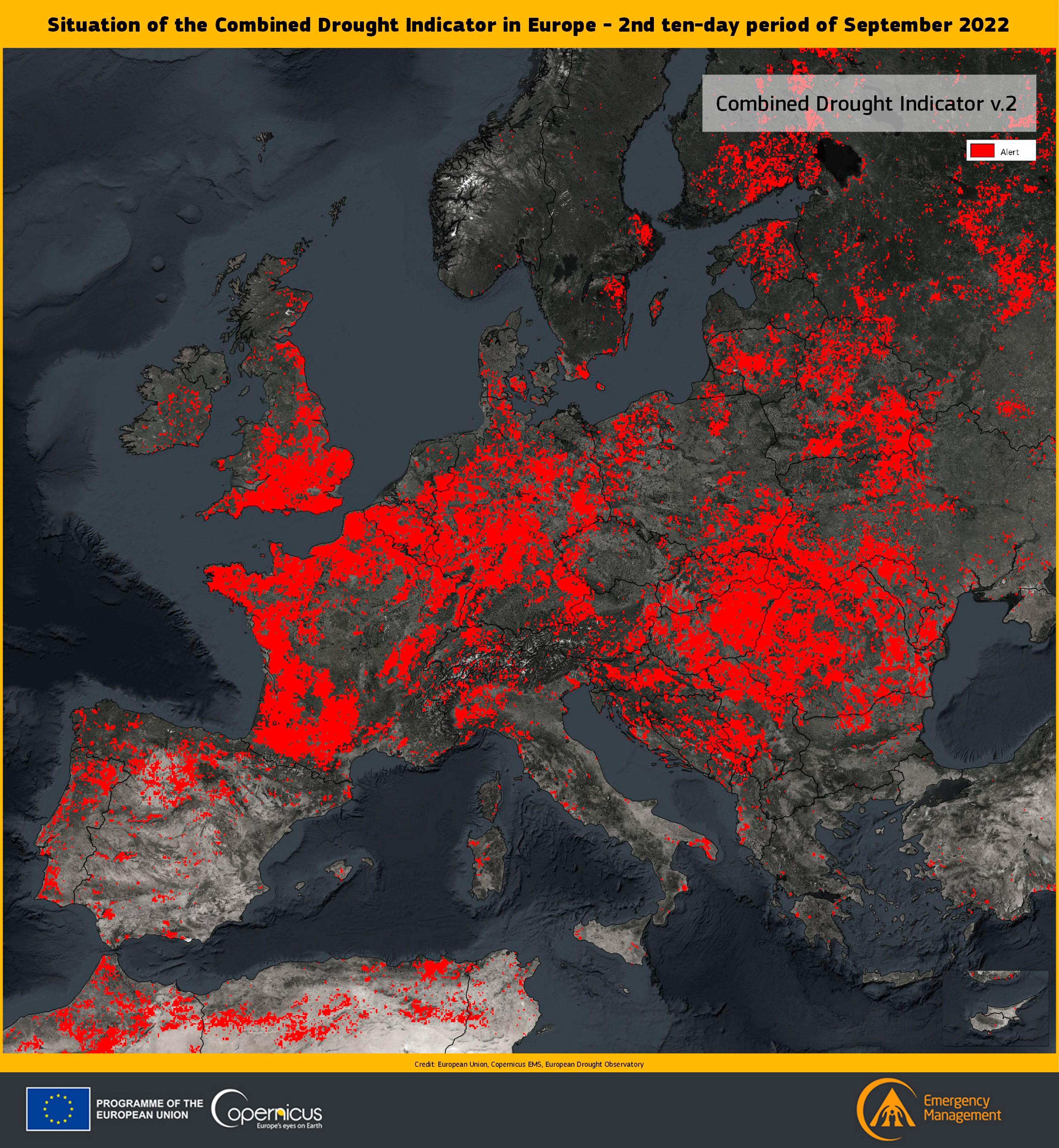 Mapa de la sequía en Europa.