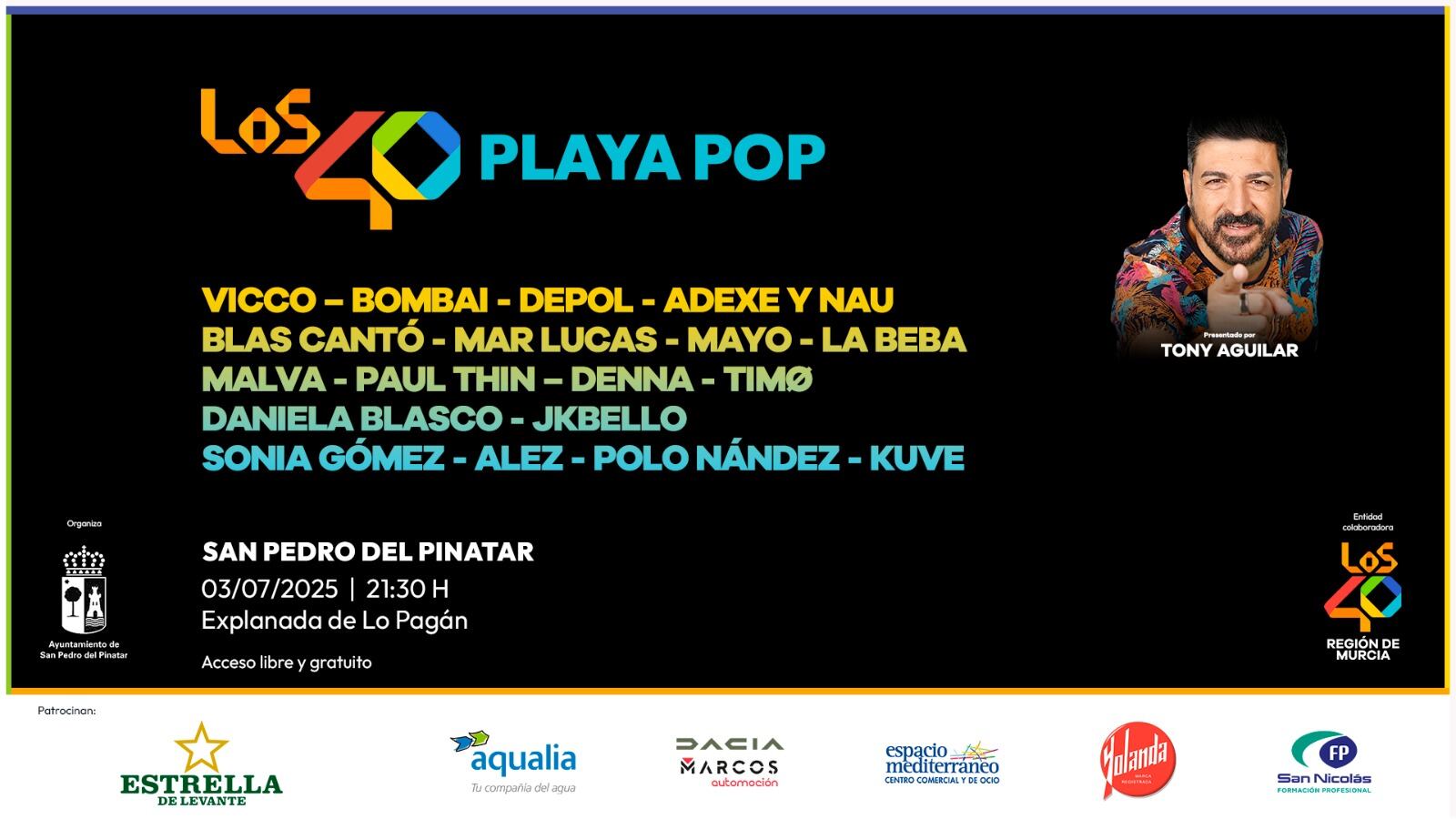 La edición de 2025 de LOS40 Playa Pop llega a San Pedro del Pinatar el 3 de julio de la mano de Tony Aguilar