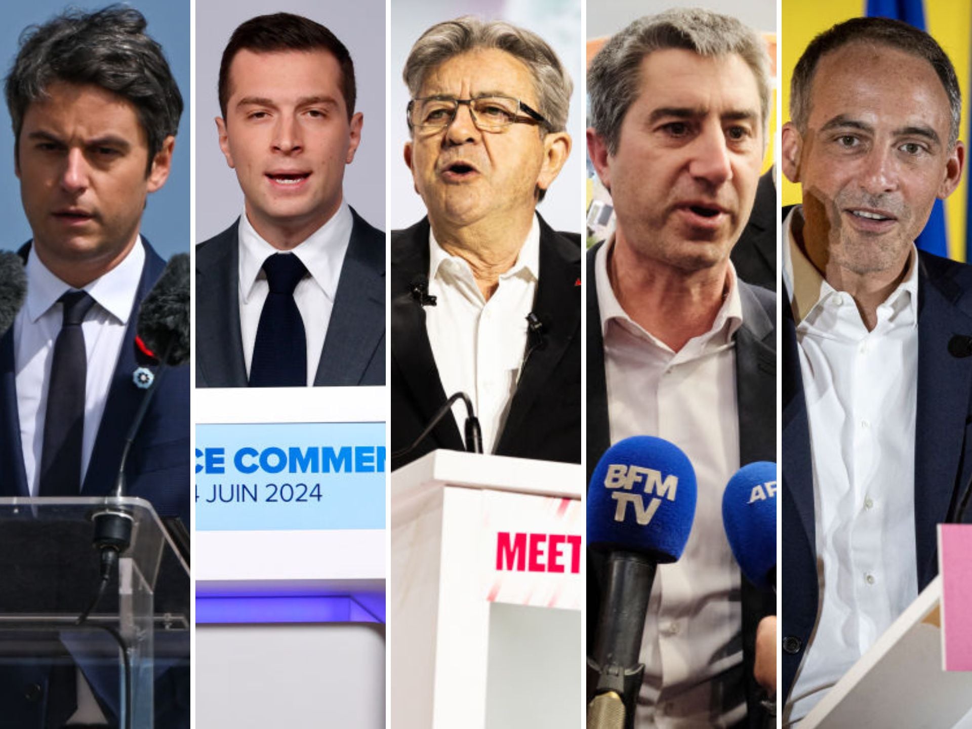 De izquierda a derecha, Gabriel Attal, Jordan Bardella, Melenchon, François Ruffin y Raphaël Glucksmann.