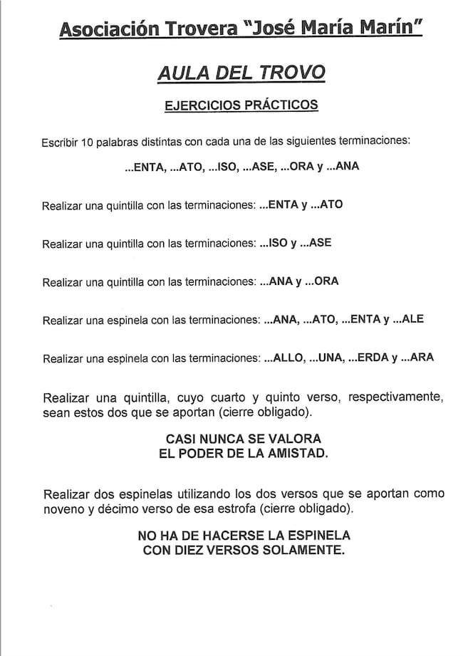 Una de las fichas de ejercicios que diseñó Joaquín El Palmesano para la asociación José María Marín
