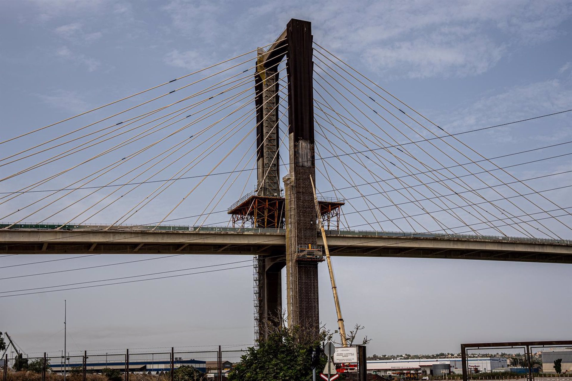 Vistas del puente del Centenario donde se realizan obras de sustitución de tirantes y de ampliación de la plataforma/Eduardo Briones