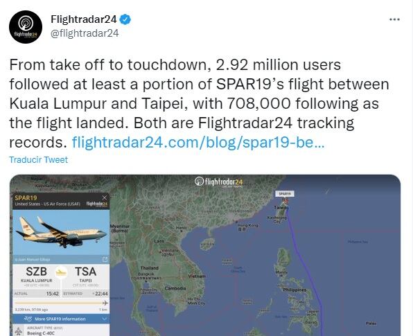 Captura de pantalla de Flightradar24 en Twitter.