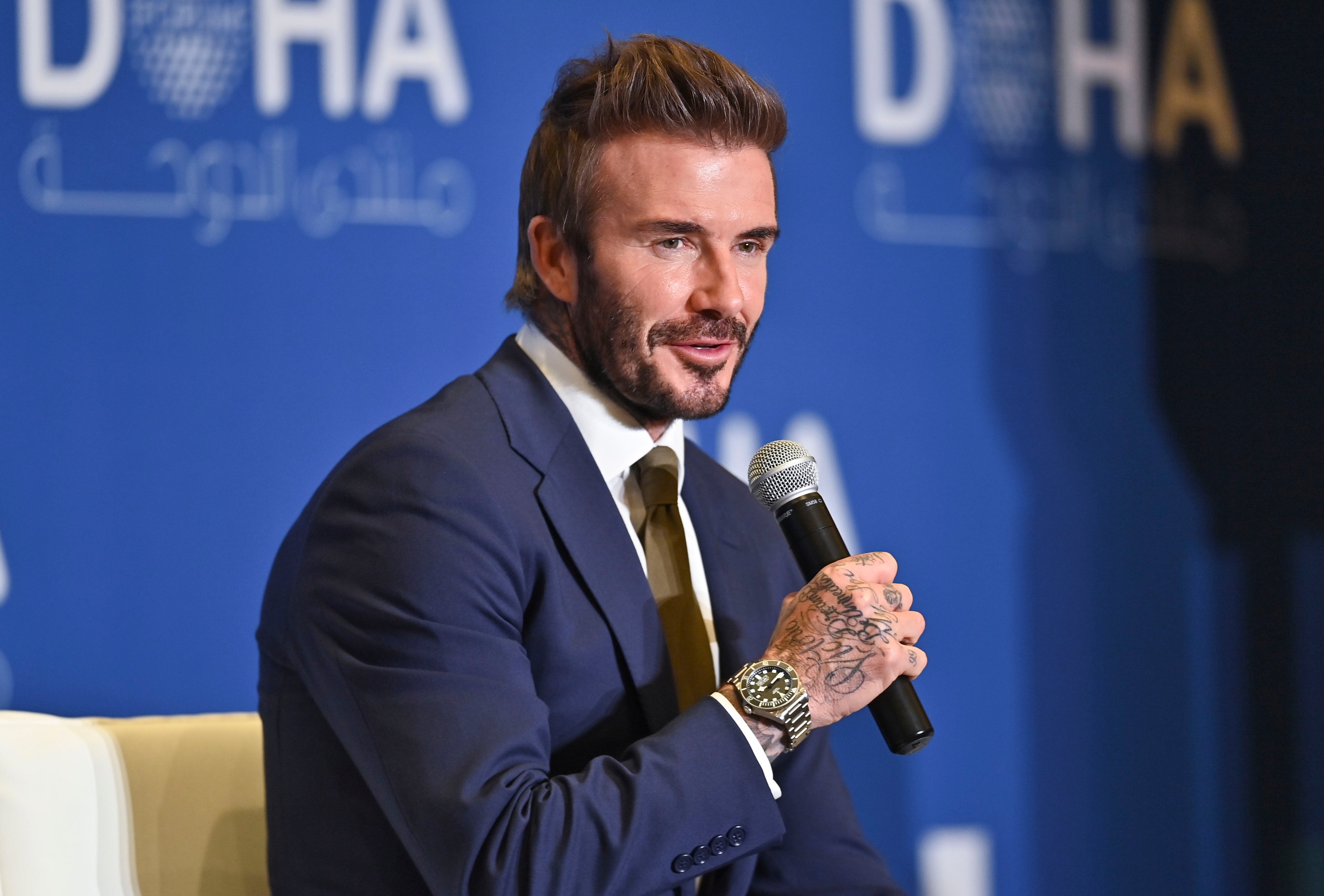 Doha (Qatar), 27/03/2022.- David Beckham, UNICEF Ambassador and Former Professional Footballer speaks during the Plenary Session of the final day of Doha Forum at the Sheraton Grand Doha Resort & Convention Hotel in Doha, Qatar, 27 March 2022. (Niza, Catar) EFE/EPA/NOUSHAD THEKKAYIL
