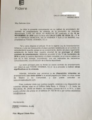 Ejemplar del burofax enviado por Fidere a las familias afectadas