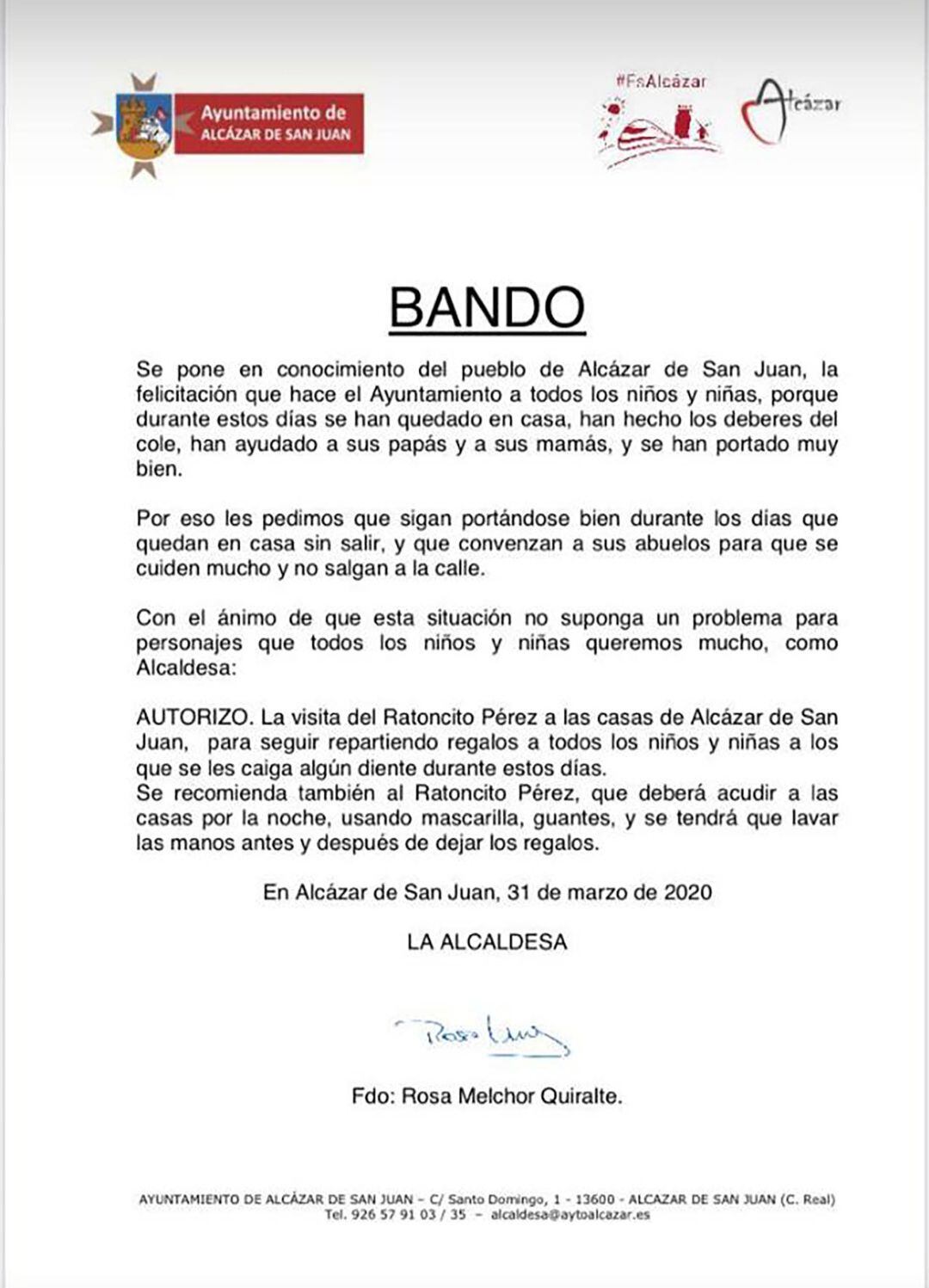 Bando emitido por la alcaldesa de Alcázar de San Juan que permite al Ratoncito Pérez llegar a las casas de los vecinos de la localidad