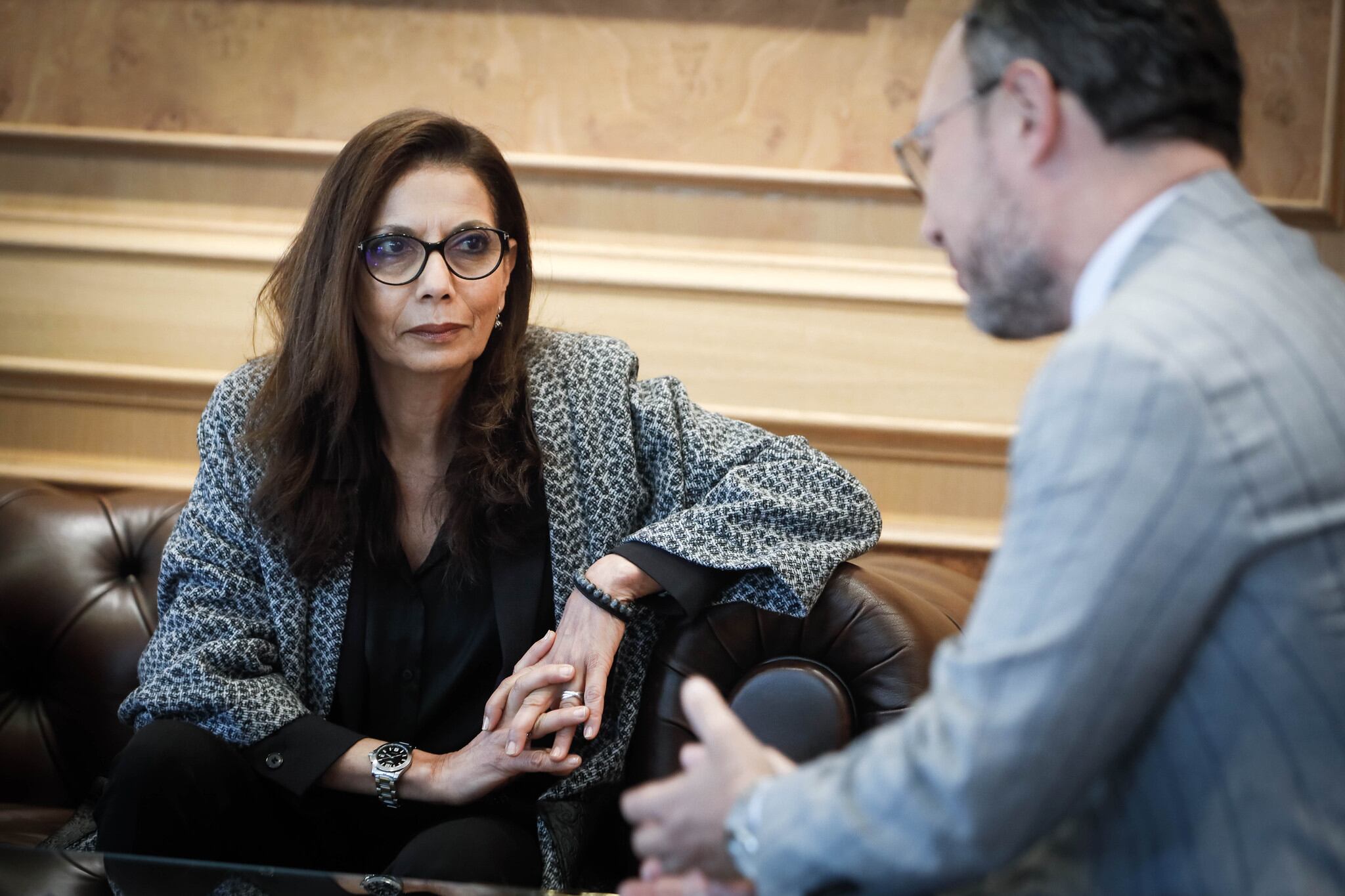 Najat Maalla, representant especial d'infància de Nacions Unides, reunida amb el cap de Govern, Xavier Espot, al seu despatx.