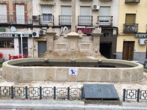 La empresa municipal de aguas &#039;Aguas de Jódar&#039; han tintado de color morado el agua de la fuente de la Plaza de España