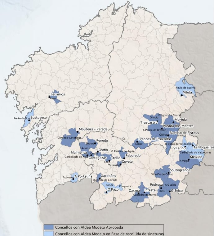 Mapa aldeas modelo aprobadas e en fase de recollida de sinaturas