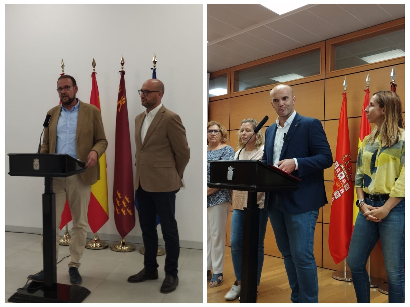 Concejales del PP, a la izquierda, y del PSOE, a la derecha, este miércoles en distintas salas del Ayuntamiento de Murcia