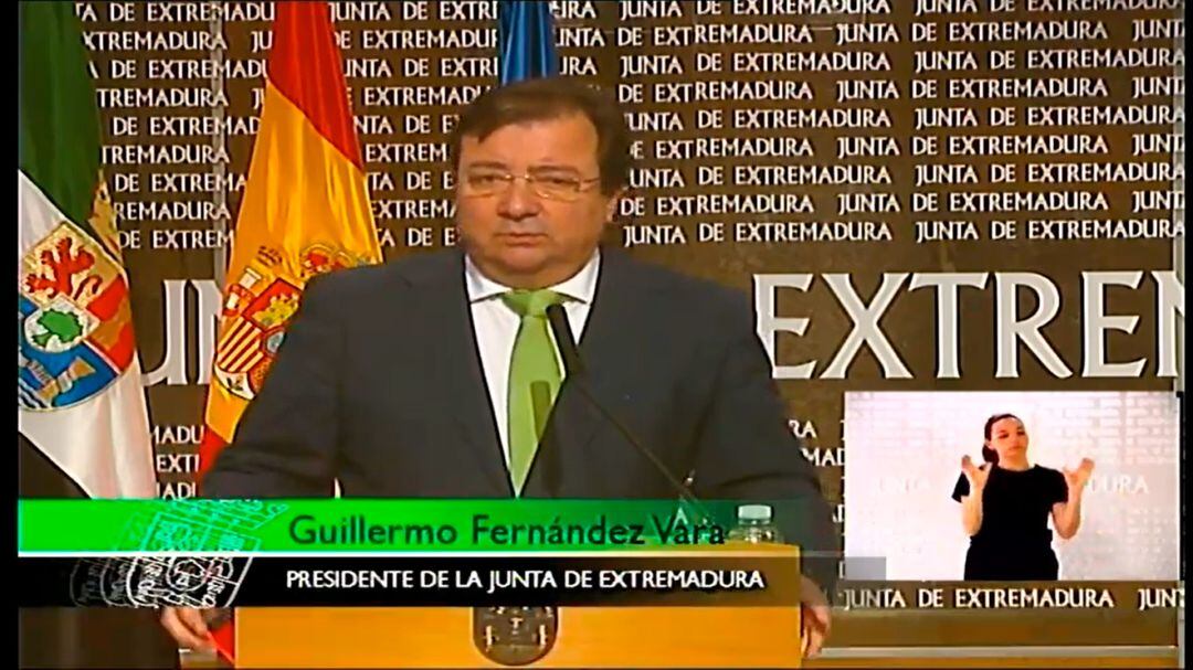 El presidente de la Junta de Extremadura, Guillermo Fernández Vara, en su comparecencia de hoy