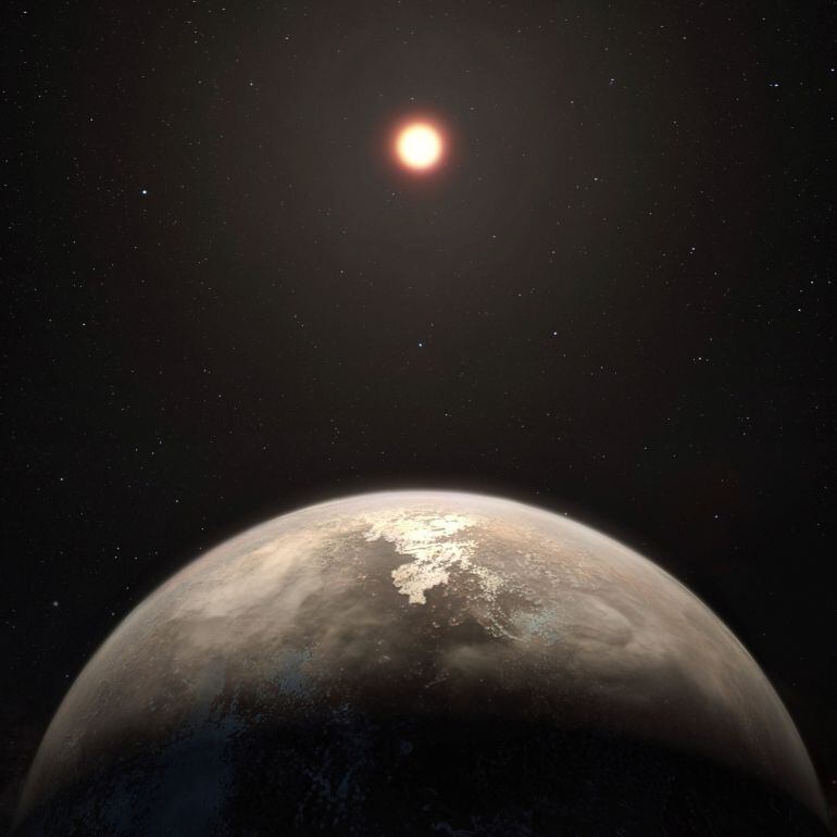 Esta recreación artística muestra al planeta templado Ross 128 b, que tendría un tamaño aproximado al de la Tierra, y es el segundo exoplaneta del tipo terrestre situado más cerca de nosotros. 